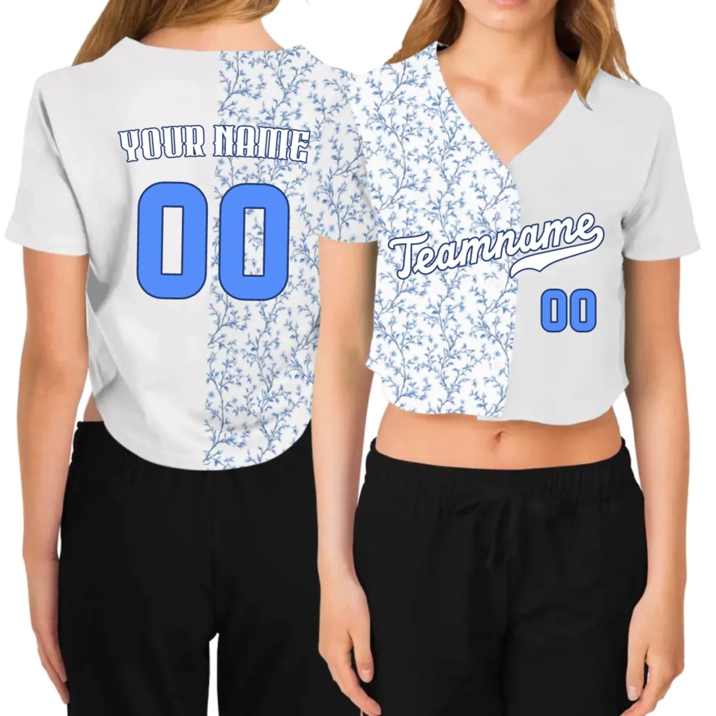 Custom French Toile Floral Cropped Baseball Jersey – Personalized Cropped Baseball Jersey For Teen Girl Women-2
