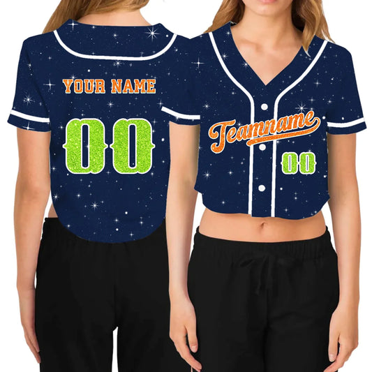 Custom Glitter Printed Cropped Baseball Jersey
 – Personalized Cropped Baseball Jersey For Teen Girl Women