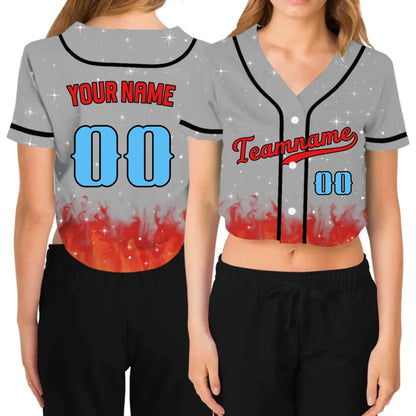 Custom Flames Cropped Baseball Jersey  – Personalized Cropped Baseball Jersey For Teen Girl Women