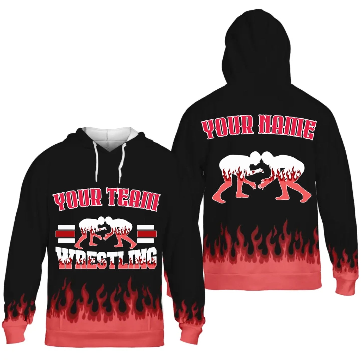 Personalized Flames Wrestling Unisex Hoodie with Your Name & Team-5