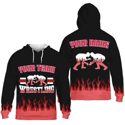 Personalized Flames Wrestling Unisex Hoodie with Your Name & Team-5
