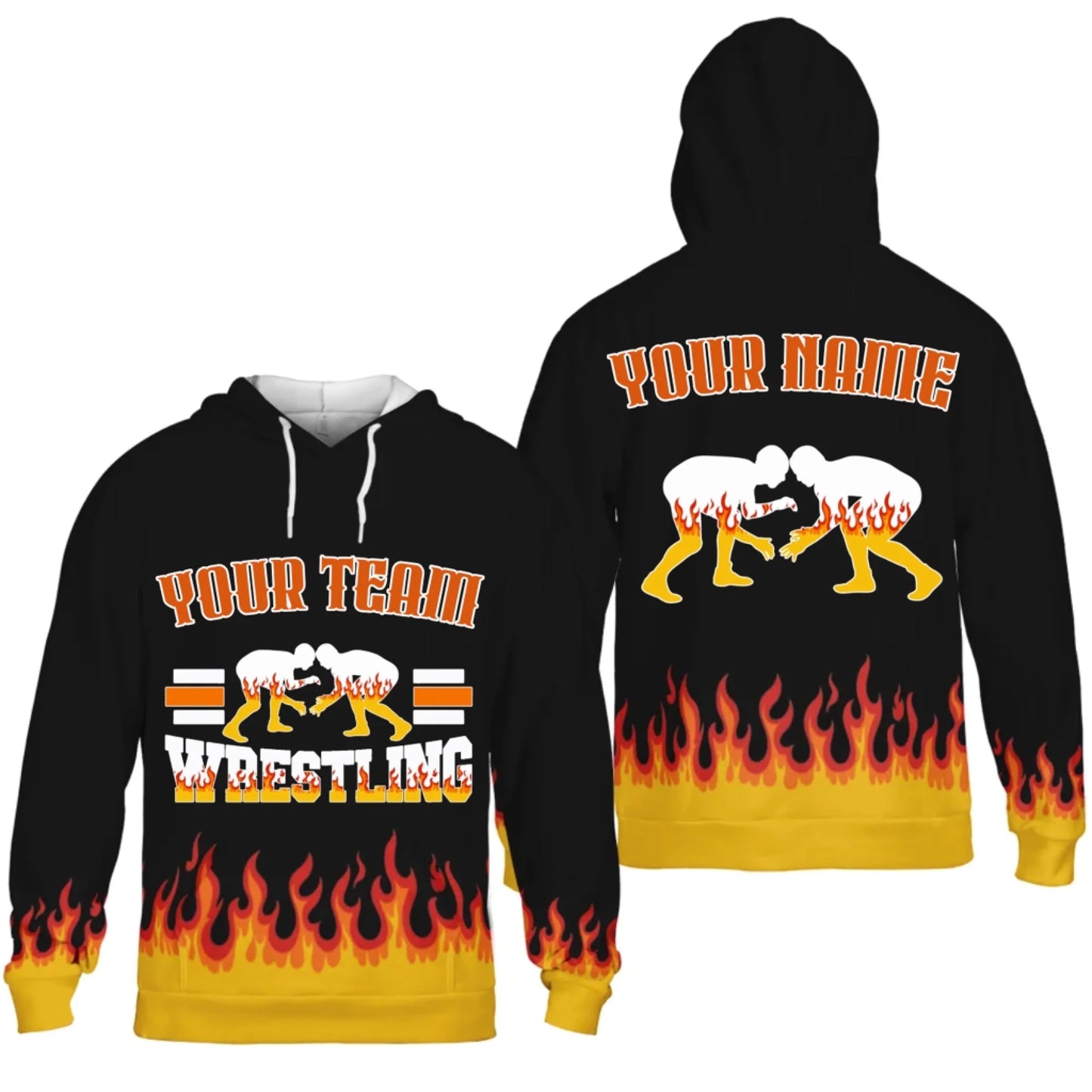 Personalized Flames Wrestling Unisex Hoodie with Your Name & Team