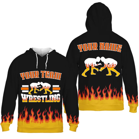 Personalized Flames Wrestling Unisex Hoodie with Your Name & Team