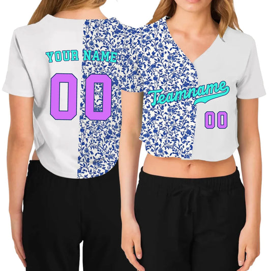 Custom French Toile Floral Cropped Baseball Jersey  – Personalized Cropped Baseball Jersey For Teen Girl Women