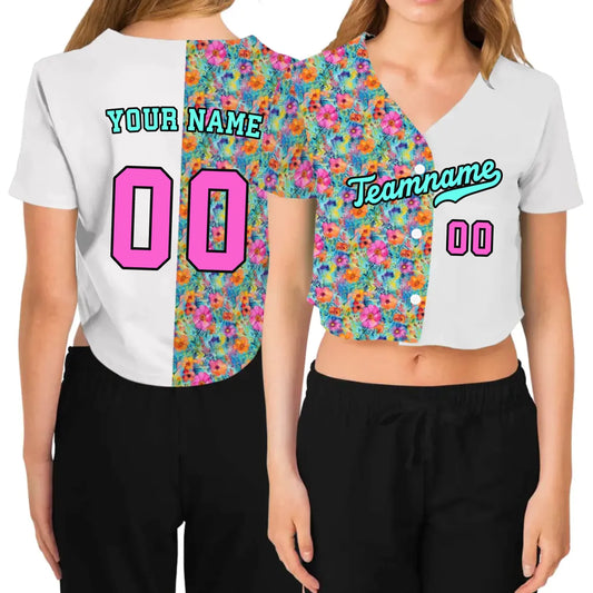Custom Watercolor Floral Cropped Baseball Jersey  – Personalized Cropped Baseball Jersey For Teen Girl Women