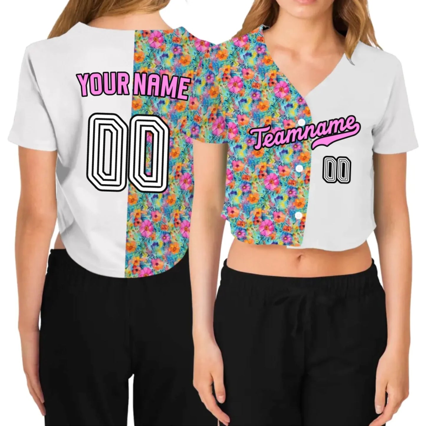 Custom Watercolor Floral Cropped Baseball Jersey  – Personalized Cropped Baseball Jersey For Teen Girl Women-3