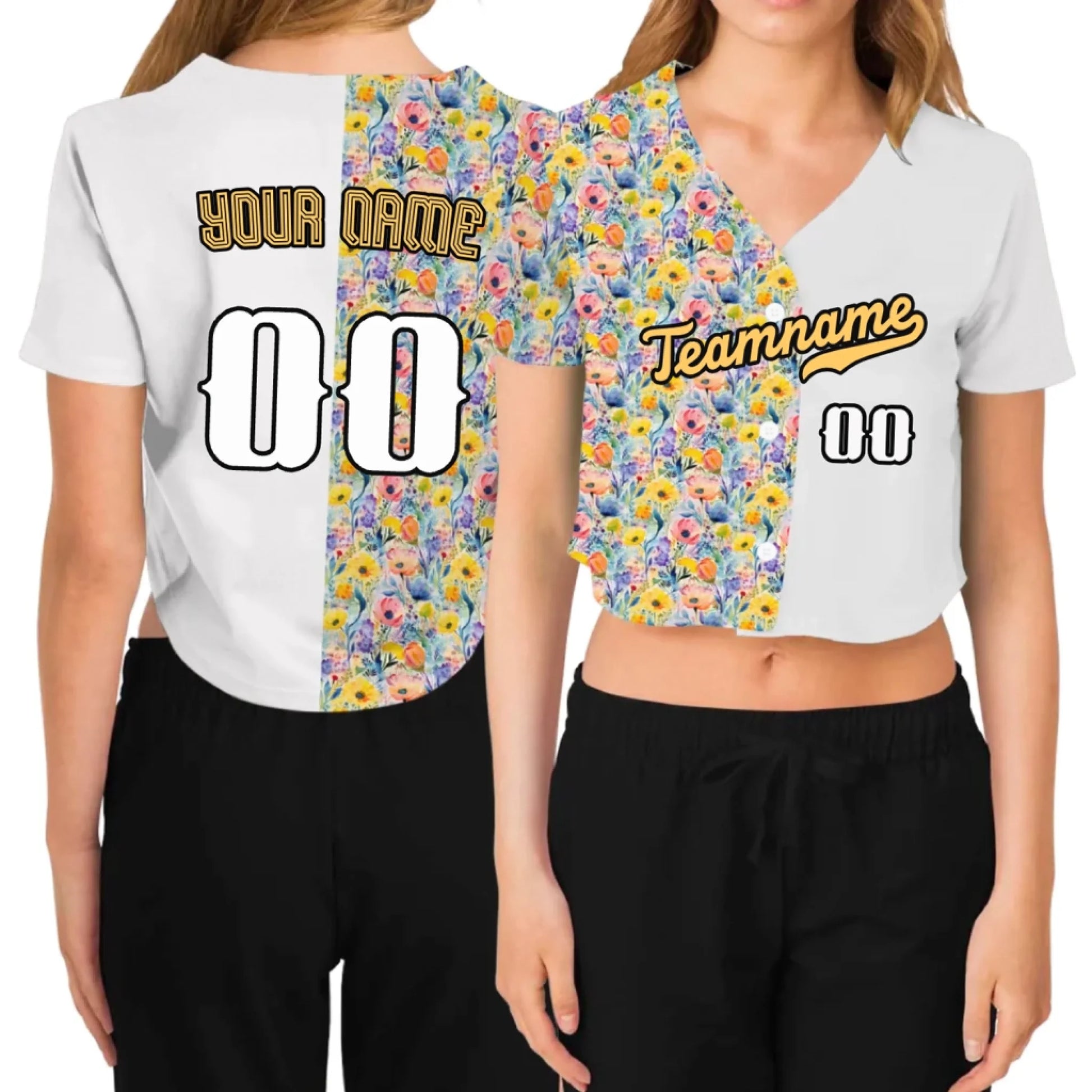Custom Watercolor Floral Cropped Baseball Jersey  – Personalized Cropped Baseball Jersey For Teen Girl Women-2