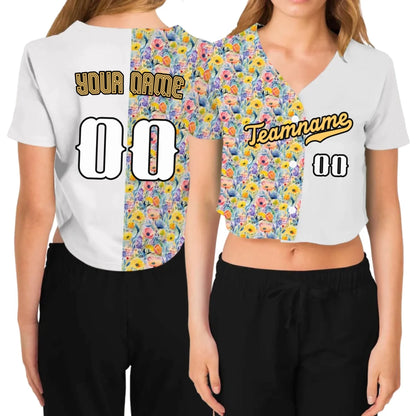 Custom Watercolor Floral Cropped Baseball Jersey  – Personalized Cropped Baseball Jersey For Teen Girl Women-2