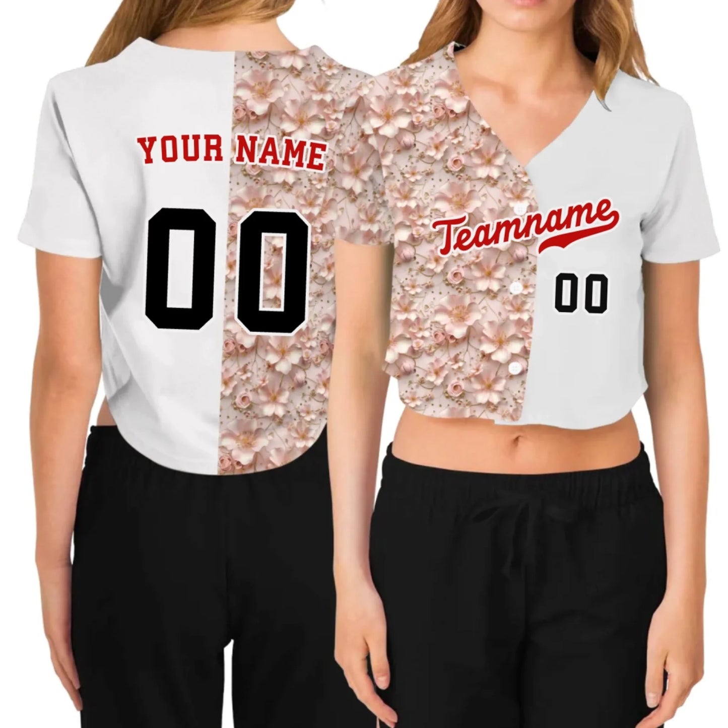 Custom 3D Soft Floral Cropped Baseball Jersey  – Personalized Cropped Baseball Jersey For Teen Girl Women