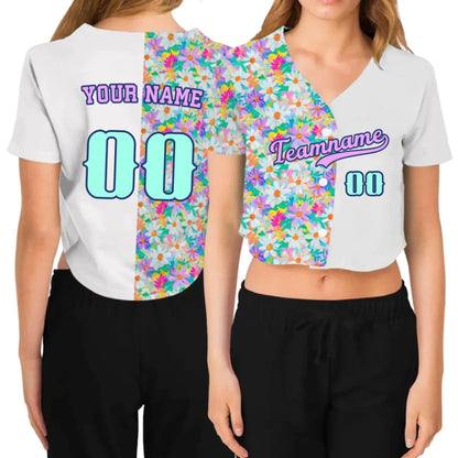 Custom Floral Cropped Baseball Jersey  – Personalized Cropped Baseball Jersey For Teen Girl Women-2