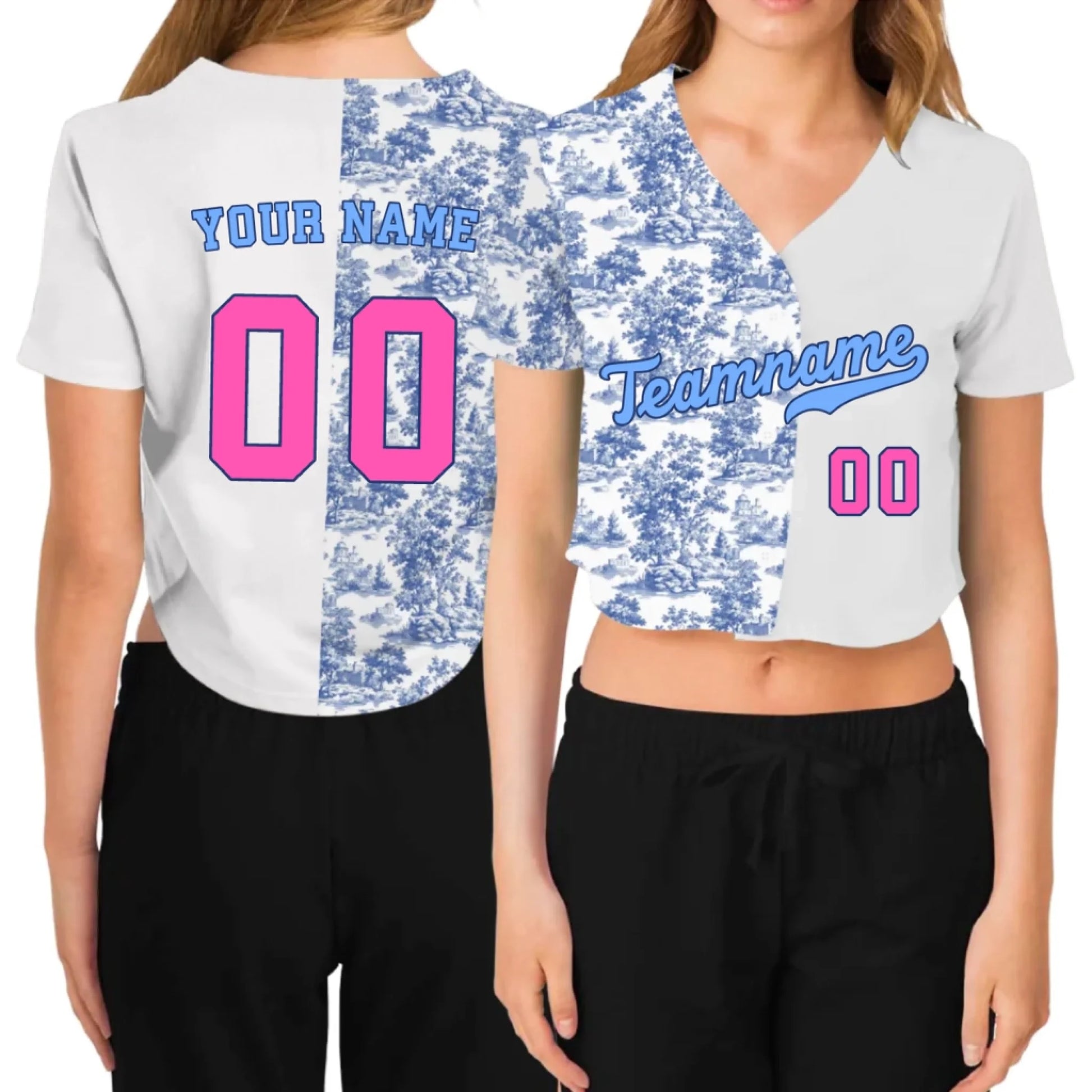 Custom French Toile Floral Cropped Baseball Jersey  – Personalized Cropped Baseball Jersey For Teen Girl Women