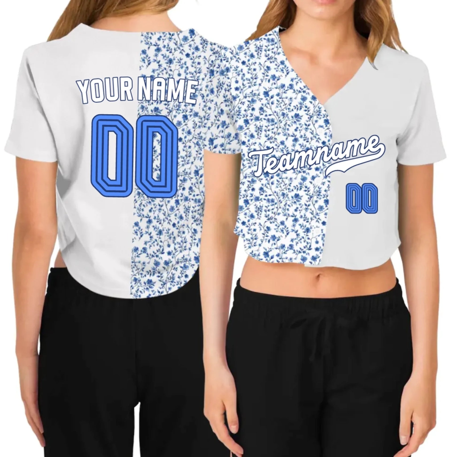 Custom French Toile Floral Cropped Baseball Jersey  – Personalized Cropped Baseball Jersey For Teen Girl Women-3