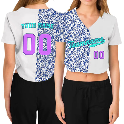Custom French Toile Floral Cropped Baseball Jersey  – Personalized Cropped Baseball Jersey For Teen Girl Women-1