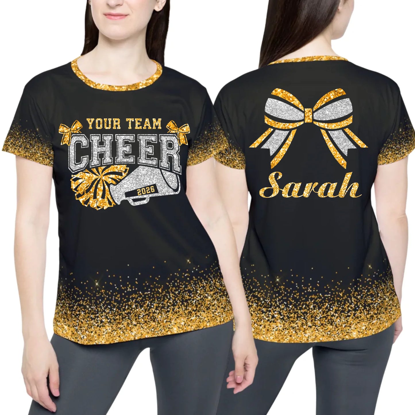 Personalized Glitter Cheer Cheerleader T-Shirt – Custom Cheer T-Shirt with Name & Colors