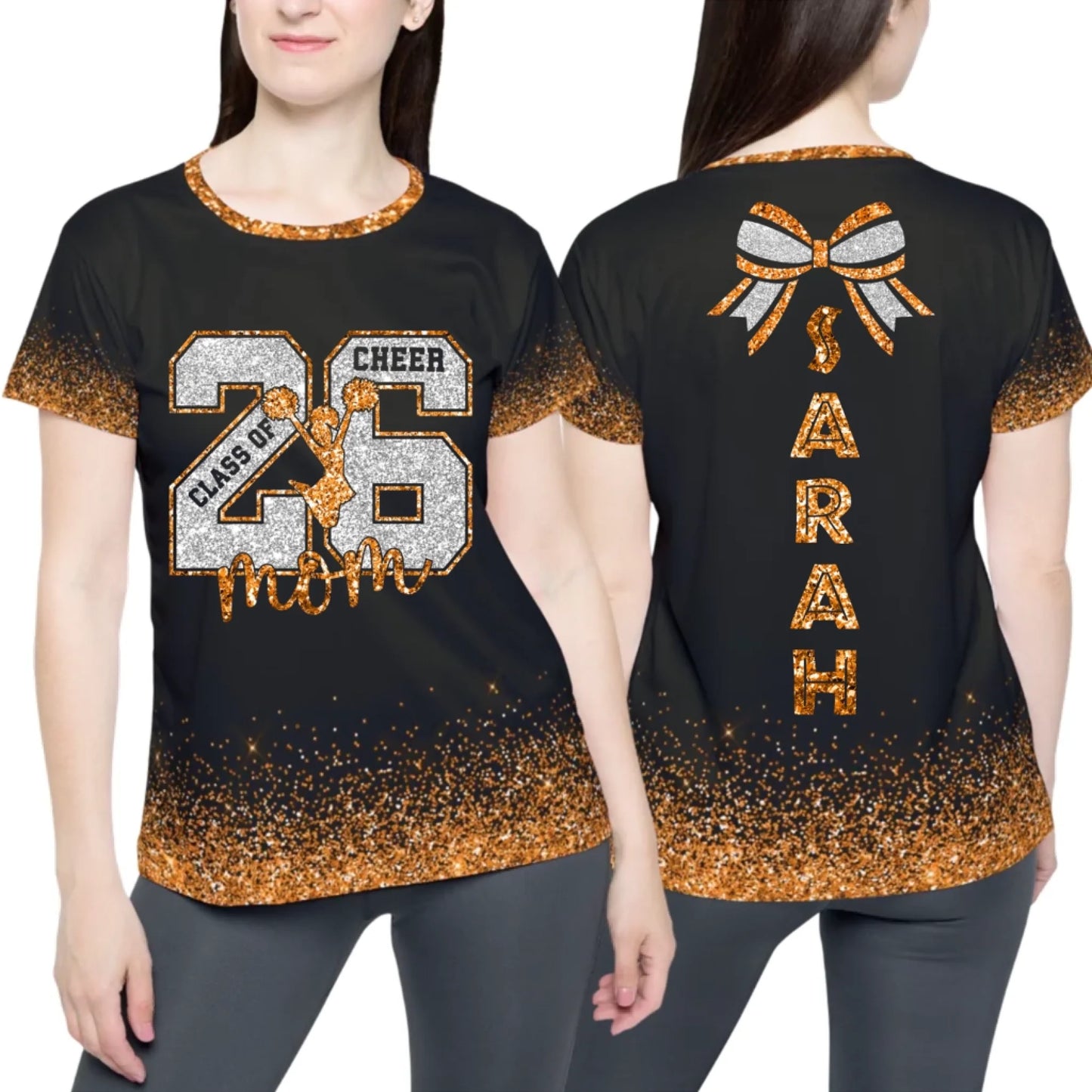 Personalized Glitter Senior Mom Cheer T-Shirt – Custom Senior Cheer Mom Shirt with Name & Colors