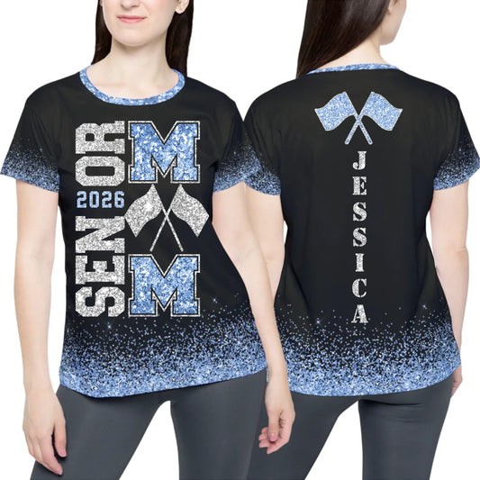 Personalized Glitter Color Guard Senior Mom T-Shirt – Custom Color Guard Senior Mom Shirt with Name & Colors