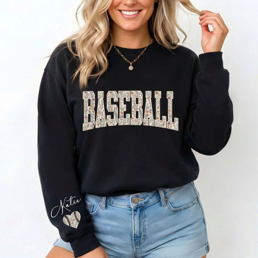 Retro Floral Baseball Mom Sweatshirt – Personalized Baseball Sweatshirt With Name On Sleeve