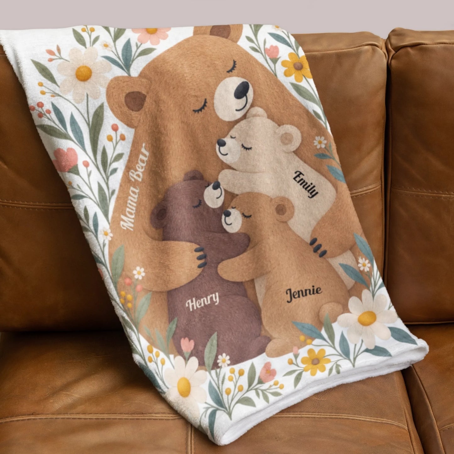 Personalized Mama Bear Flower Fleece Blanket-44